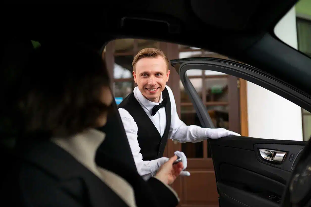 Dignified black vehicle parked outside a memorial chapel
